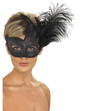 Black Venetian Mask with Feather