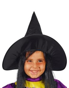 Chapéu de bruxa preto com cabelo para menina