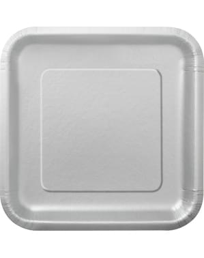 16 pratos quadrados de sobremesa prateado (18 cm) - Linha Cores Básicas