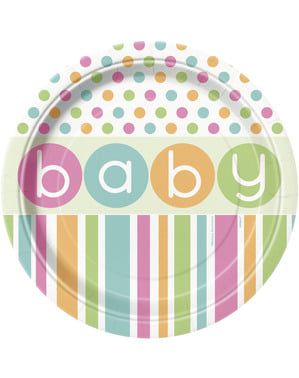 Zestaw 8 wielokolorowych pastelowych talerzy w paski i kropki - Pastel Baby Shower