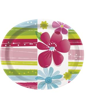 Комплект от 8 овални тарелки - Раиран пролетен цвете
