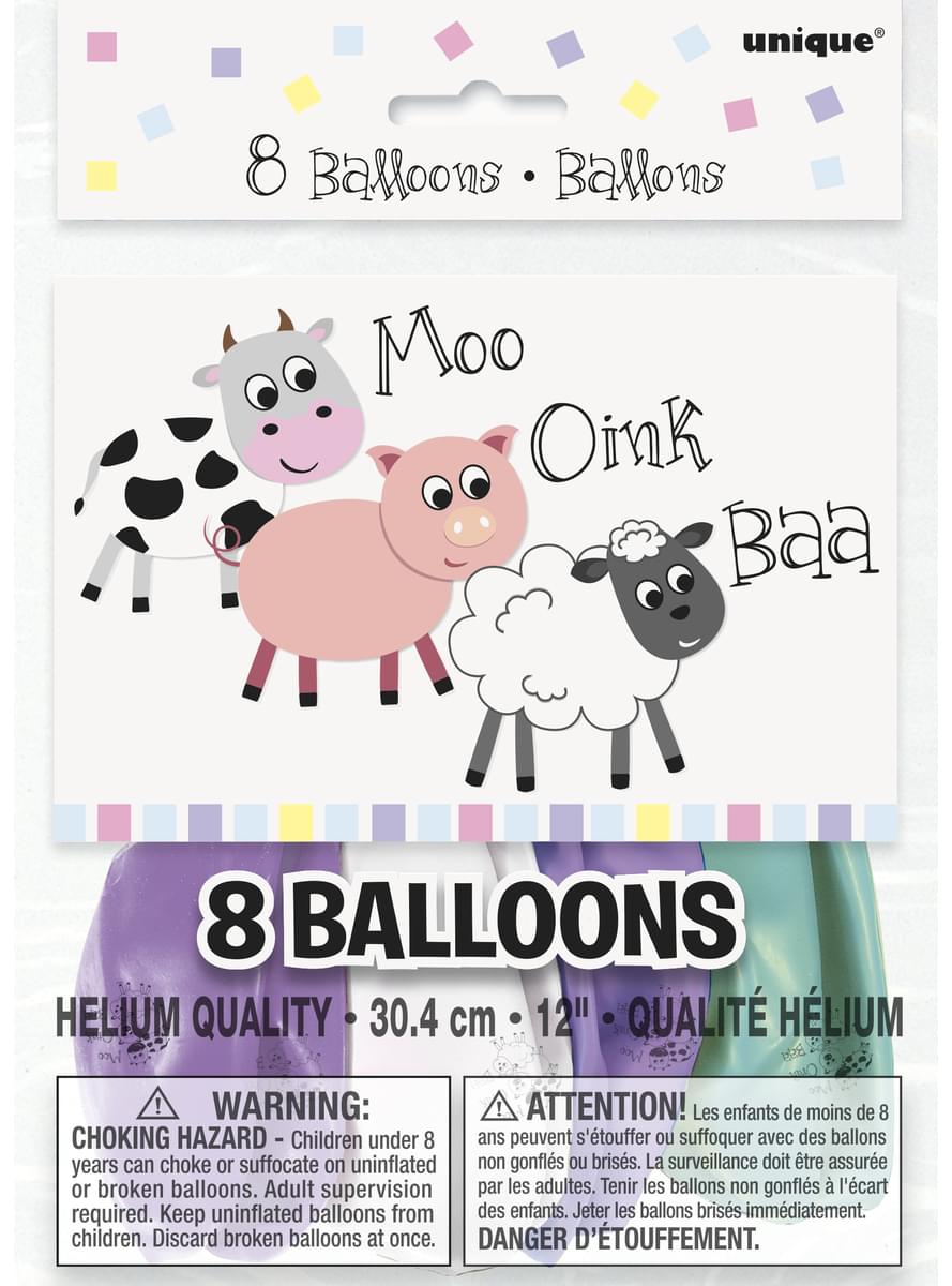 8 Luftballons grün mit Tieren (30 cm) - Farmyard Party