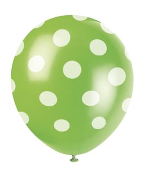 Sett med 6 lime grønn ballonger med hvite prikker