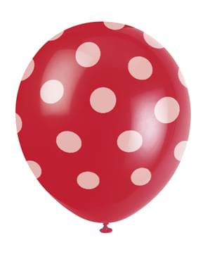 Sæt af 6 røde ballonner med hvide prikker