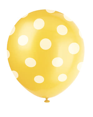 Sett med 6 gule ballonger med hvite prikker
