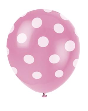 Sett med 6 rosa ballonger med hvite prikker