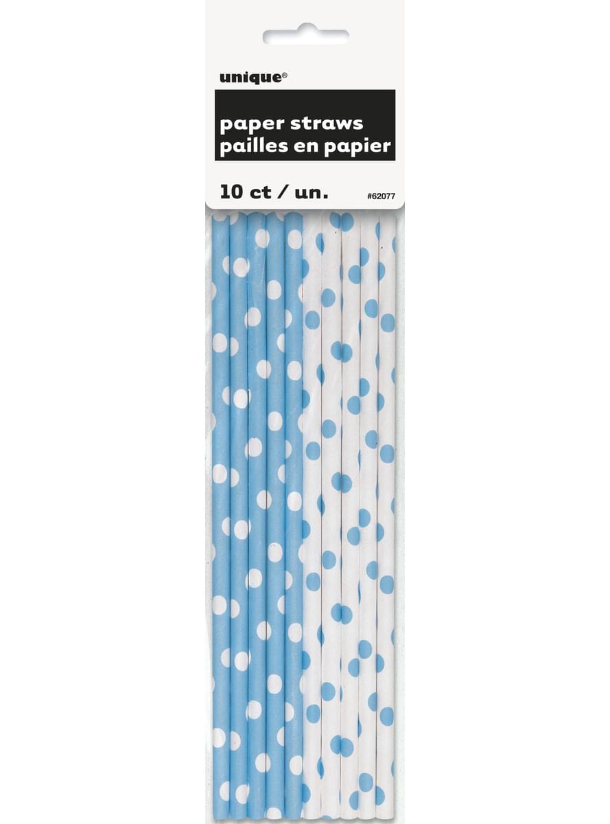 10 pailles à pois bleus ciel et blancs