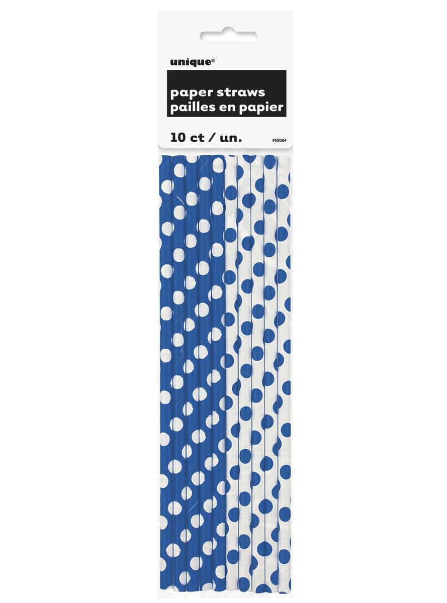 10 pajitas de topos azul oscuro y blanco