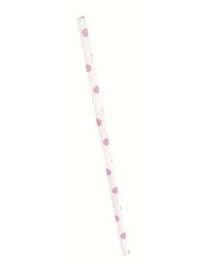 Sett med 10 sugerør med lyse rosa og hvit prikker