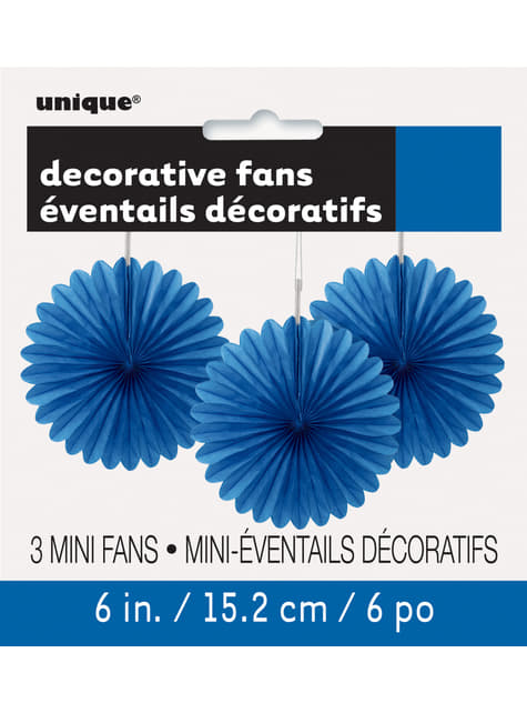3 Abanicos de papel decorativos azul oscuro (15,2 cm) - Línea Colores Básicos