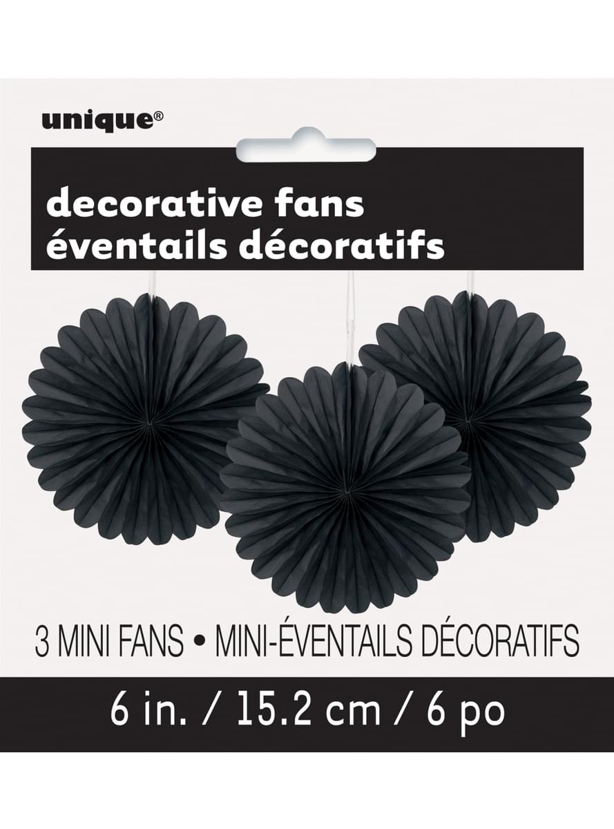 3 Abanicos de papel decorativos negros (15,2 cm) - Línea Colores Básicos