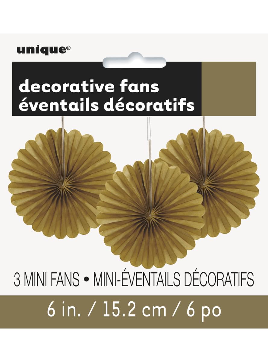 3 Abanicos de papel decorativos dorados (15,2 cm) - Línea Colores Básicos
