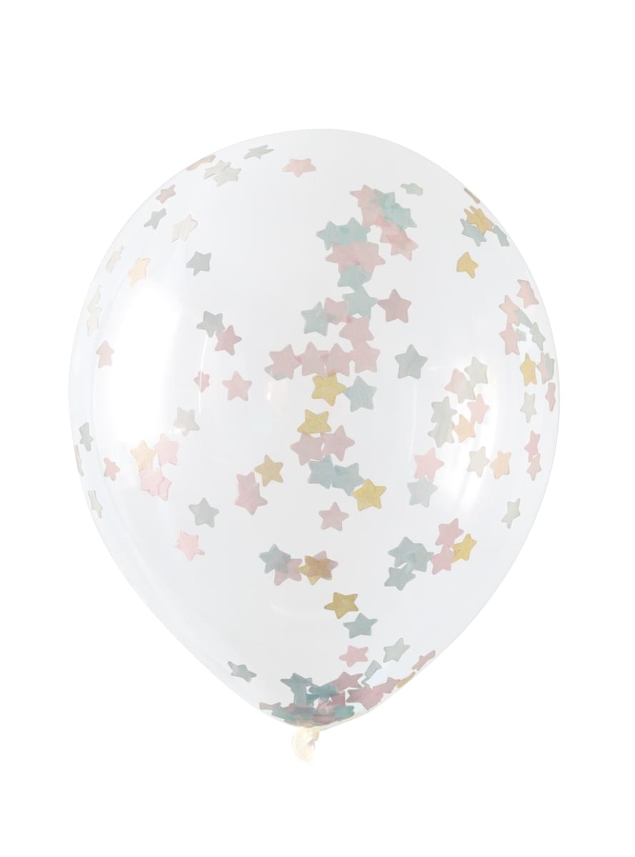 Sett med 5 gjennomsiktige ballonger med rosa, blå og gull star konfetti