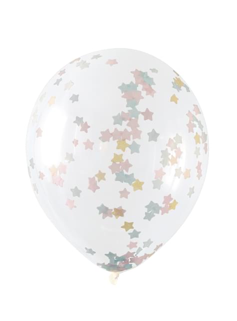 5 globos transparentes con confetti de estrella rosa, azul y
