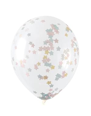 5 baloane transparente cu confetti steluțe roz, albastre și aurii