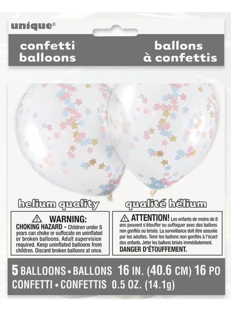 5 globos transparentes con confetti de estrella rosa, azul y dorados (30  cm) para fiestas y cumpleaños
