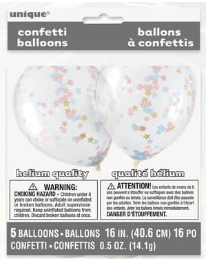 5 globos transparentes con confetti de estrella rosa, azul y dorados (30 cm)
