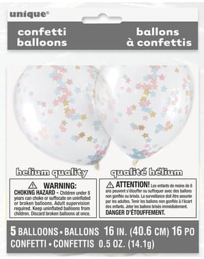 Transparentes Luftballon Set 5-teilig mit Sternen-Konfetti rosa, blau und gold
