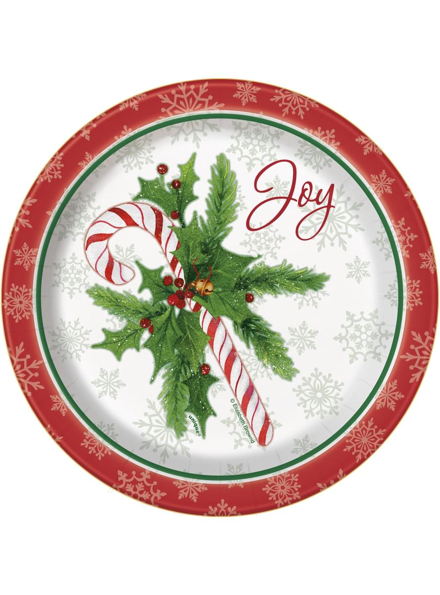 Sada 8 okrúhlych dezertných tanierov s cukrovou trstinou - Candy Cane Christmas