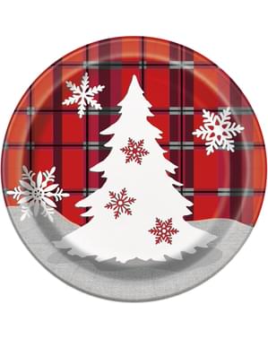 क्रिसमस ट्री और देहाती प्लेड के साथ 8 राउंड डेज़र्ट प्लेट्स का सेट - रस्टिक प्लेड क्रिसमस