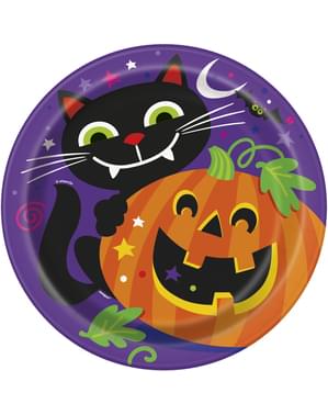 8 assiettes rondes citrouille et chat amusant - Happy Halloween