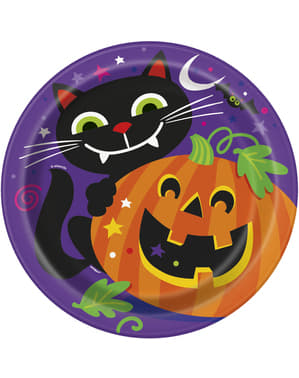 Set 8 piring bulat dengan labu dan kucing yang menyenangkan - Happy Halloween