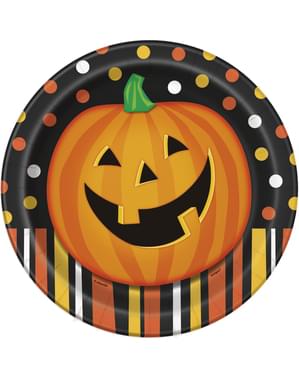 8 assiettes rondes citrouille souriante à pois et rayures - Smiling Pumpkin