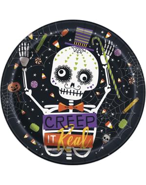 Sæt af 8 runde tallerkner med skelet og græskar- Skeleton Trick or Treat