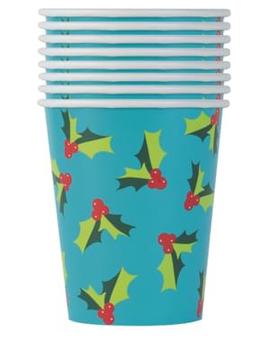 8 gobelets branche de houx - Holly Santa