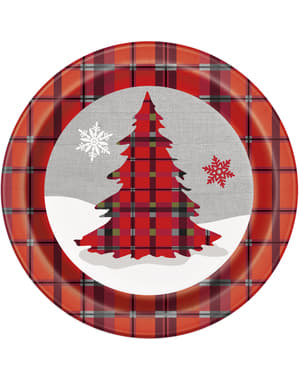 8 карирани кръгли чинии с елхи – Rustic Plaid Christmas