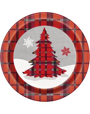 Set 8 piring bundar dengan pohon Natal dan kotak-kotak pedesaan - Rustic Plaid Christmas