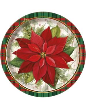 8 pratos redondos com flor manhã-de-páscoa e quadrados escoceses - Poinsettia Plaid