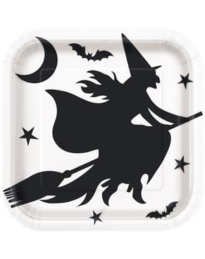 Set 8 piring putih dan hitam dengan penyihir - Black Bats Halloween