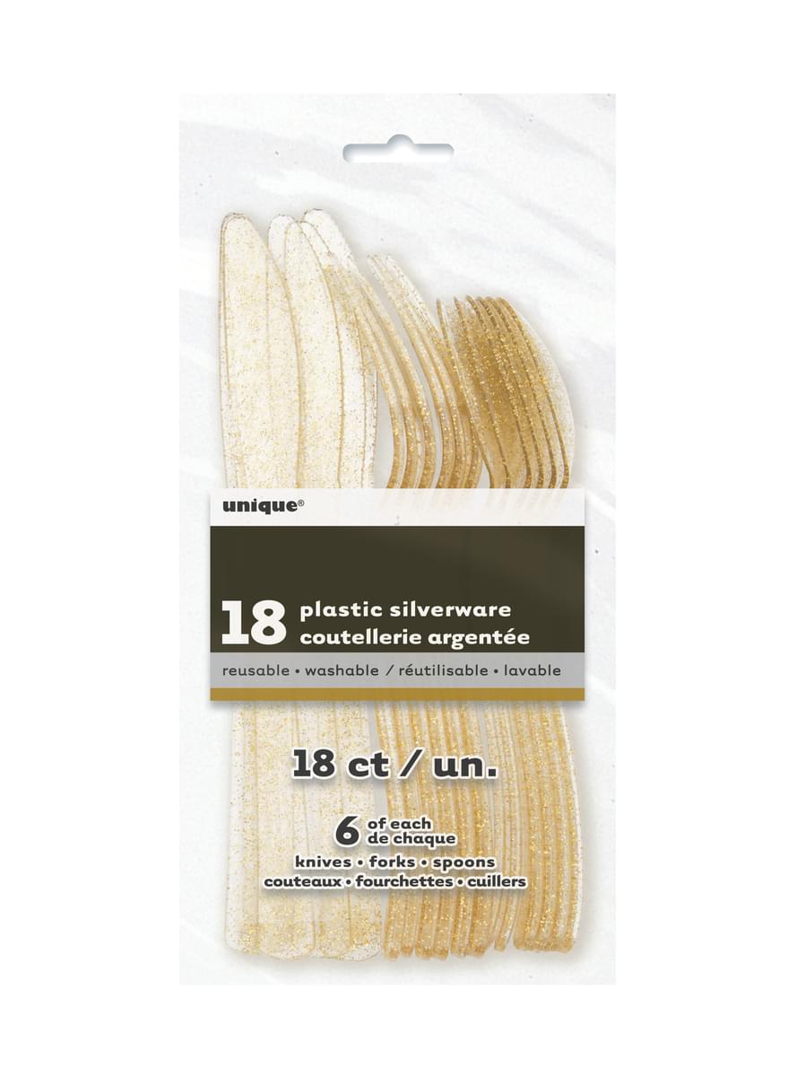 18 golden glitter plastic silverware - Basic Christmas