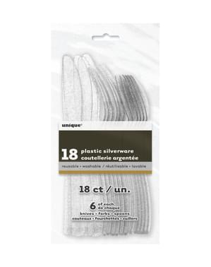 Sæt af 18 sølv glitter plastik bestik - Basic Christmas