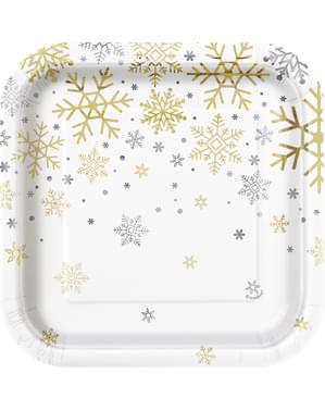 Набор из 8 десертных тарелок - Серебряные и Золотые Праздничные Снежинки