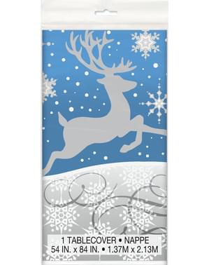 Rektangulær blå bordduk med sølv reinsdyr - Sølv Snøflak Jul