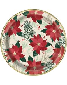 Conjunto de 8 pratos grandes com flores manhã-de-páscoa - Red & Gold Poinsettia