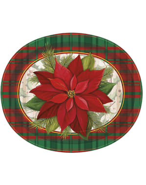 Sæt af 8 ovale tallerkner med julestjerner og skotske tern - Poinsettia Plaid