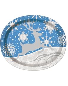 Conjunto de 8 pratos ovais azuis com rena prateada - Silver Snowflake Christmas