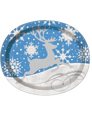 Set 8 piring oval biru dengan rusa perak - Silver Snowflake Christmas