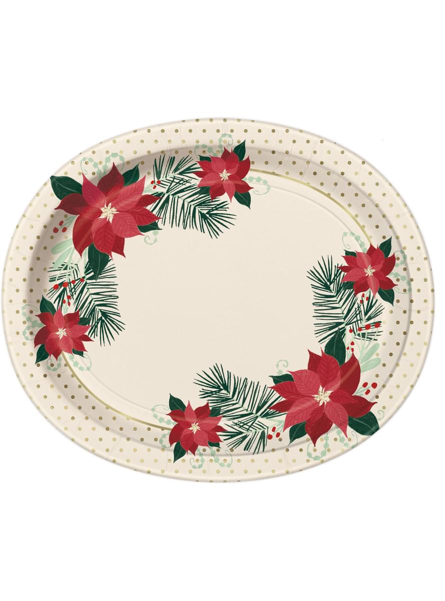 Σετ από 8 οβάλ πλάκες με poinsettias - Κόκκινο και χρυσό ασημένιο