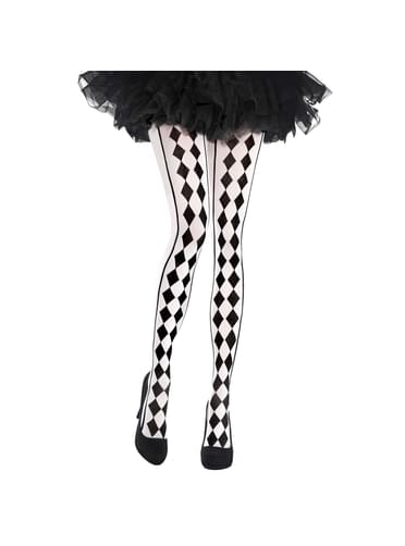 Meias-calças de arlequim branco e preto para mulher