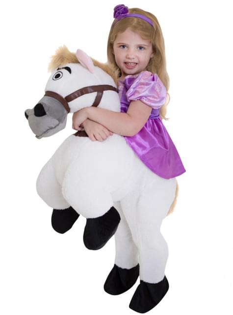 Disfraz a hombros de Rapunzel sobre el caballo Max
