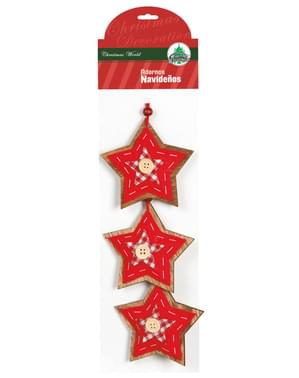 Set van 3 Rode Sterren en Strikjes Kerstboom Ornamenten