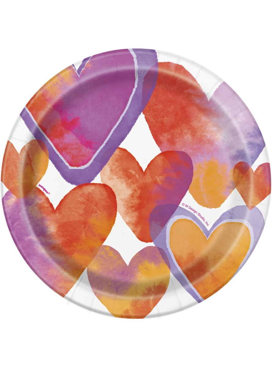 8 assiettes à dessert avec cœurs aquarelle - Watercolour Hearts