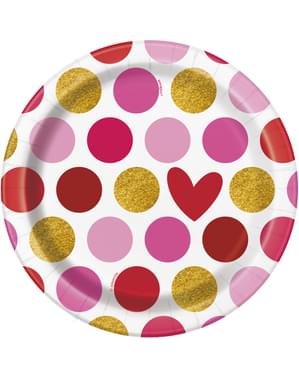 8 assiettes à dessert avec cœur et rayures - Gold Happy Valentines