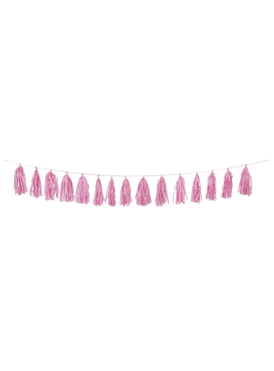 Guirlande pompons à franges de soie rose - Gamme Couleur Unie