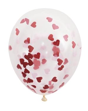 5 lateksi-ilmapalloa mitaltaan 40cm sydämenmuotoisilla konfeteilla