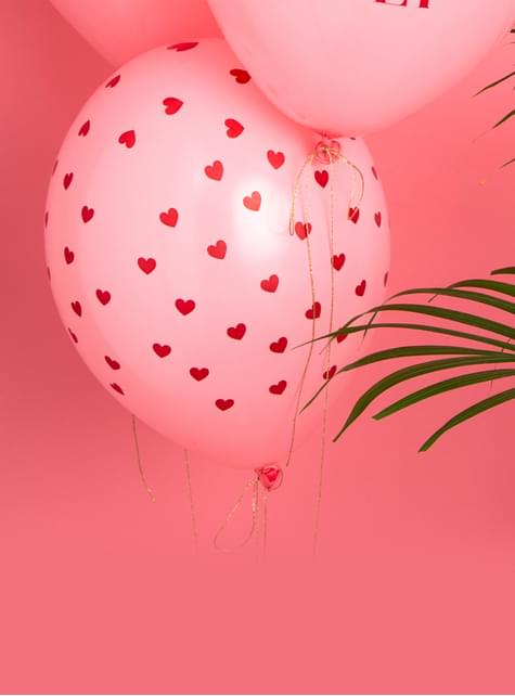 Rosa Latex-Luftballons mit roten Herzen Set 6-teilig - Valentine  Collection. Lieferung 24h